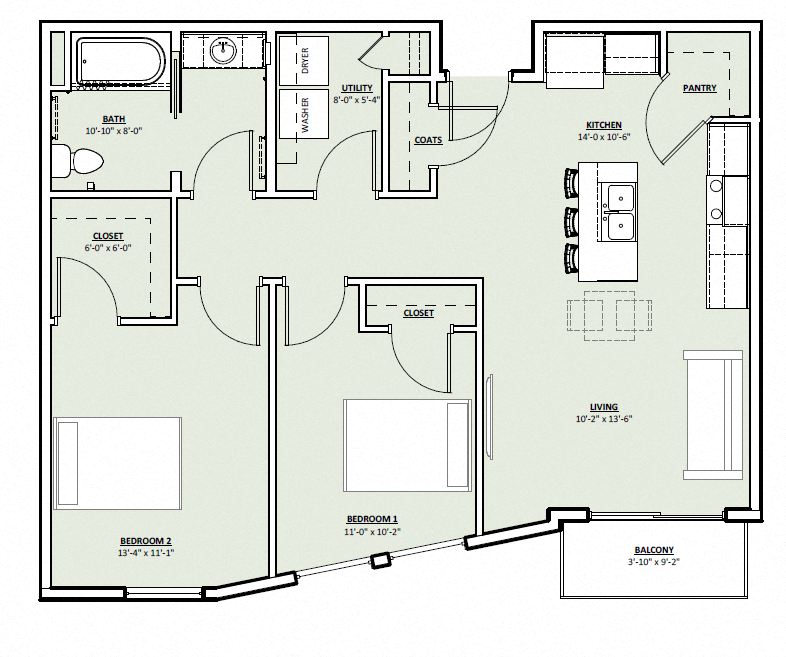 Floor plan for 2 beds, 1 bath, 975 sqft